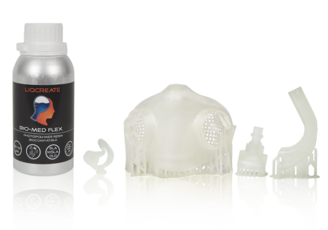 Featured image shows Liqcreate’s new Bio-Med Flex resin alongside 3D printed parts. Image via Liqcreate.