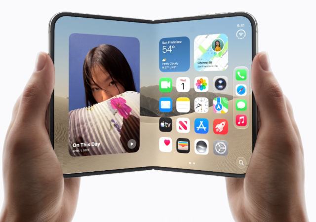 iPhone Duo features the largest display ever on iPhone, alongside a reimagined iOS experience. Photo via Apple.