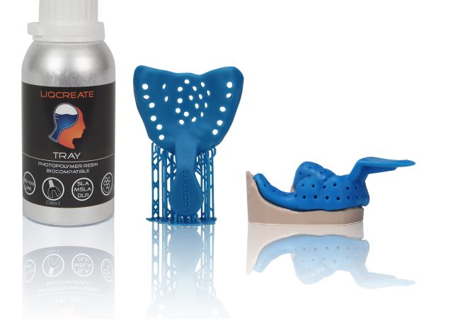 Liqcreate Tray resin with a printed tray on supports and a finished tray seated on a dental model. Image via Liqcreate.