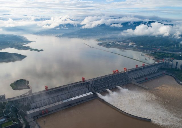 China's Three Gorges Dam discharging floodwaters in July 2020. Photo via AP